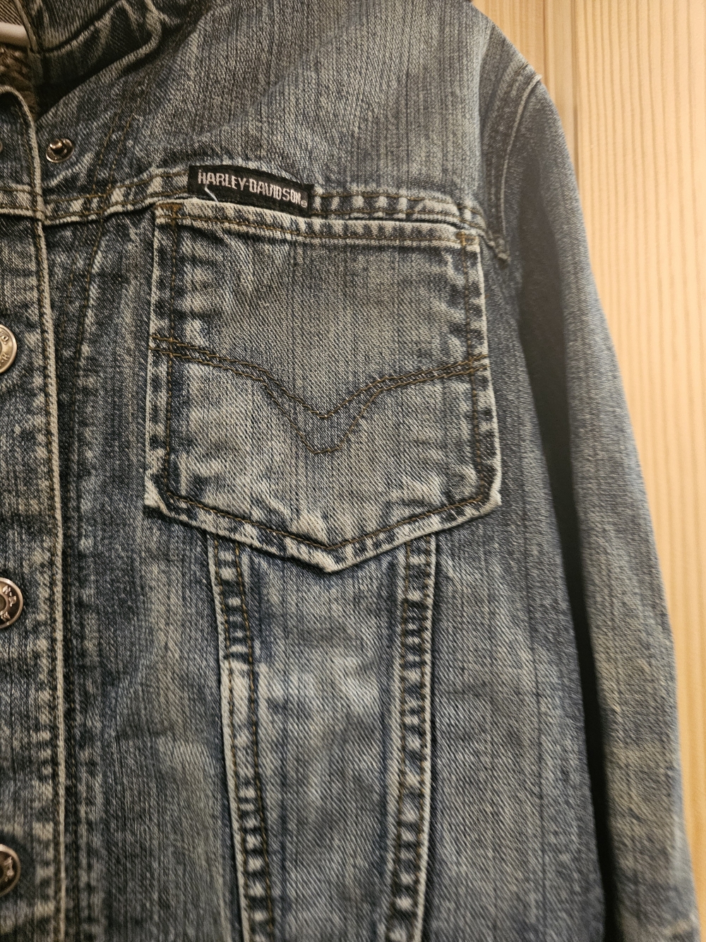Harley-Davidson Denim Jacket Womens XL Leather Trim Grunge Jean Snap Button - Picture 4 of 16